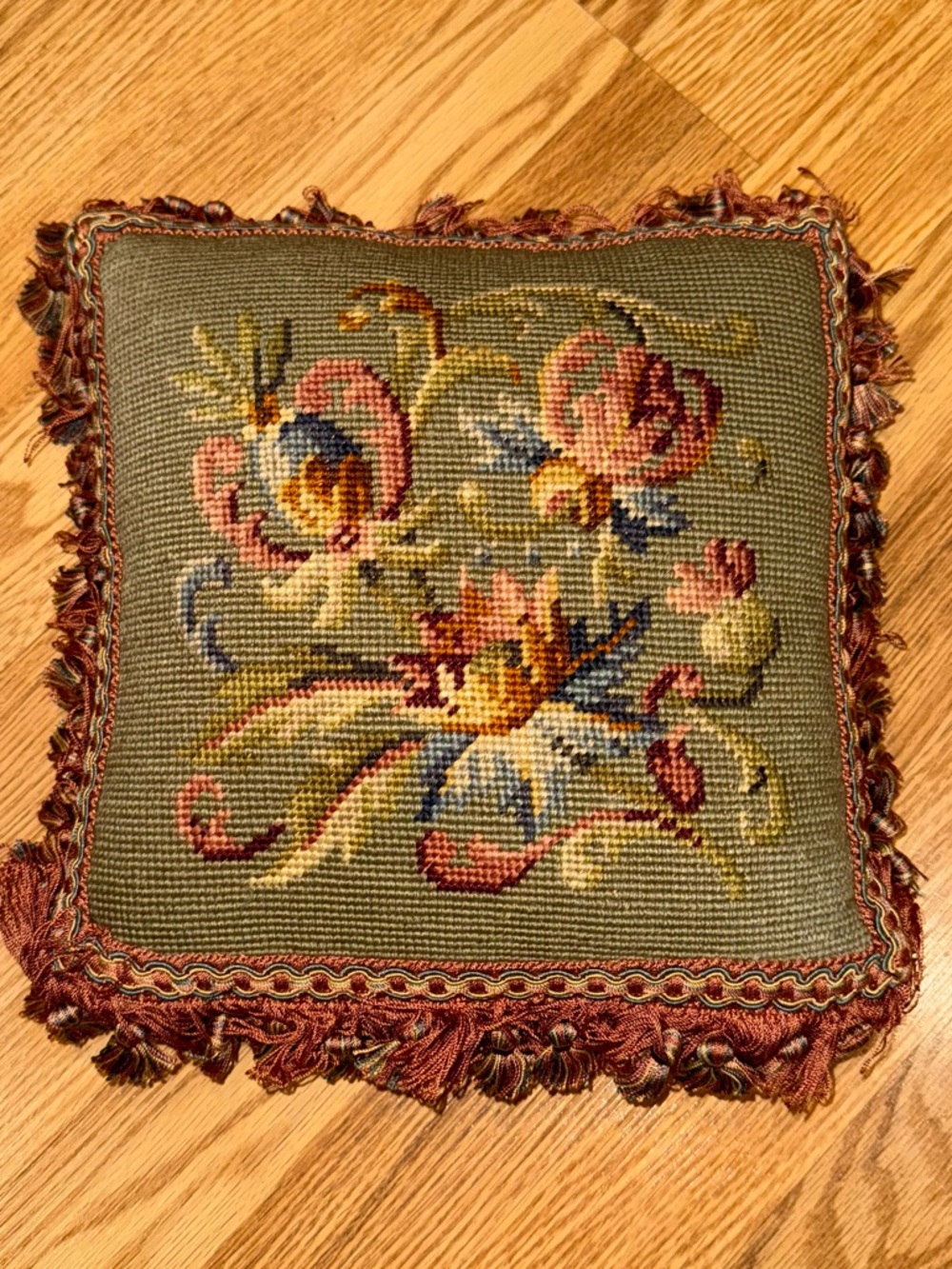 Floral Needlepoint square Fringe Pillow backed with‎ Brown Velvet